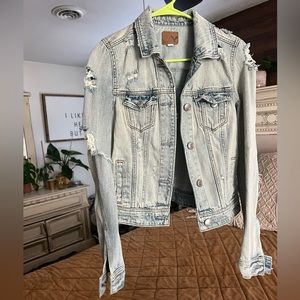 AE American Eagle Denim Jean Jacket Distressed Ripped Jacket Coat Womens S